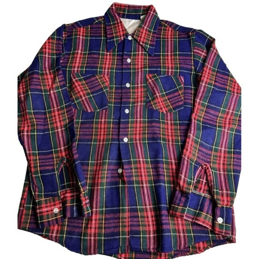 Vintage 1950s 1960s Plaid Tartan‎ Shirt Flannel Wool Acrylic Rockabilly M 15 1/2